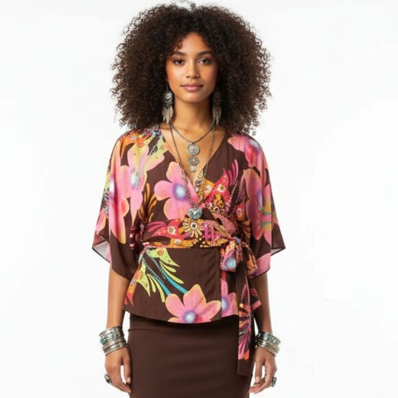 Tibi Pink & Brown Dark Floral Tropical Print Short Sleeve Wrap Front Top XS - Picture 1 of 7